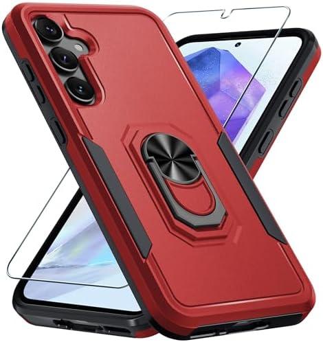 Janmitta Compatible with Samsung Galaxy A35 5G Case with Screen Protector,Heavy Duty Shockproof Full Body Phone Cover Built in Metal Ring Holder Kickstand, 2024 Red, Pack of 5 