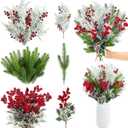 Thiccywoov 62 Pcs Artificial Christmas Flowers with Holly Berries Pine Cones Fake Pine Branches and Snowy Artificial Cedar Picks with Red Berries for Xmas Holiday Floral Arrangement Home Vase Decor