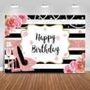 Sensfun 7x5ft Pink Floral Happy Birthday Backdrop Banner for Women,Glitter Rose Gold High Heel Photography Background Girls Sweet Pink Black Stripes Birthday Party Decorations Photo Booth Back Drops
