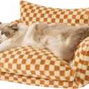 Hollypet Cat Bed Fluffy Plush Mutifuctional Double-Layer Soft Pet Couch Orthopedic Sofa Nest Beds for Small Cats and Dogs, Brown and Light Yellow (25x20x13 inch)