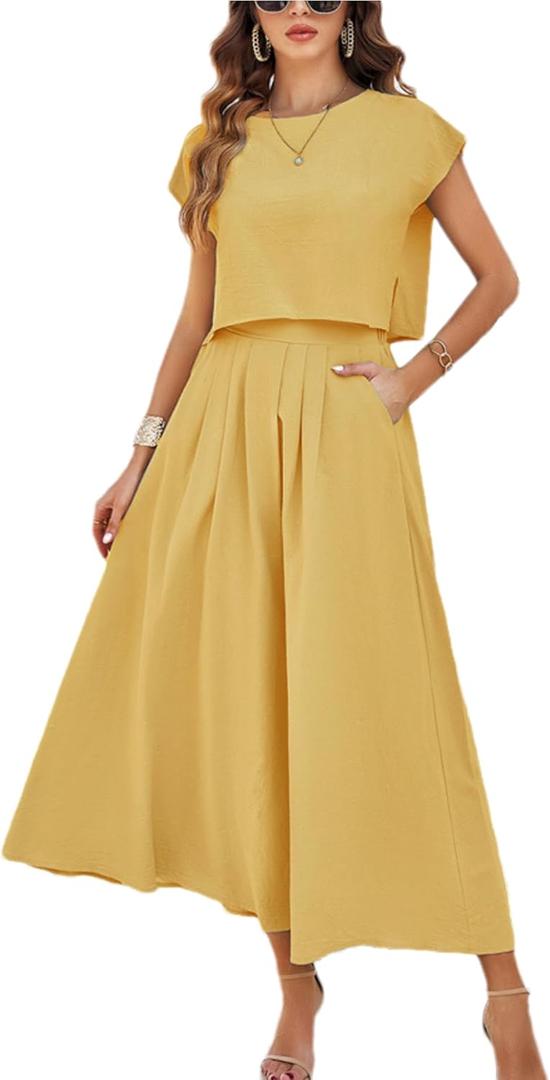 HangNiFang Summer Skirt Sets Women 2 Piece Outfits Cap Sleeve Top Elastic Waist Lightweight Maxi Dress Sets with Pockets (Medium, Yellow)