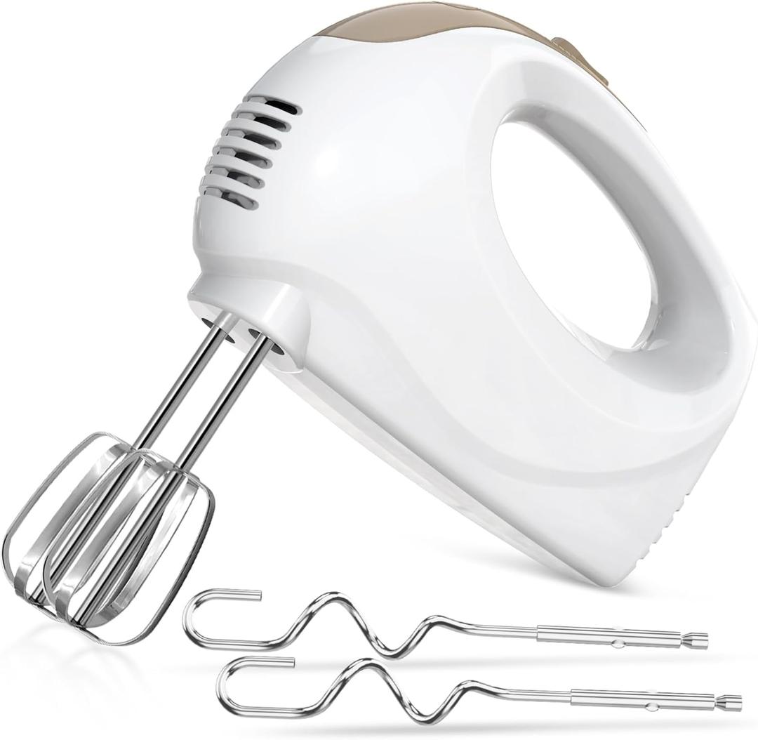 5-Speed Electric Hand Mixer with Whisk, Traditional Beaters, 120 Watts,Portable & Lightweight, Blending or Cooking White