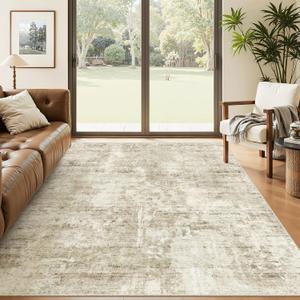 Soalmost Abstract 7x9 Area Rug for Living Room Washable Rugs Beige/Gray | Non-Slip Low-Pile Carpet for Dining Bedroom, Foldable Thin Vintage Stain Resistant Floor Mat Under Table Home Office Nursery