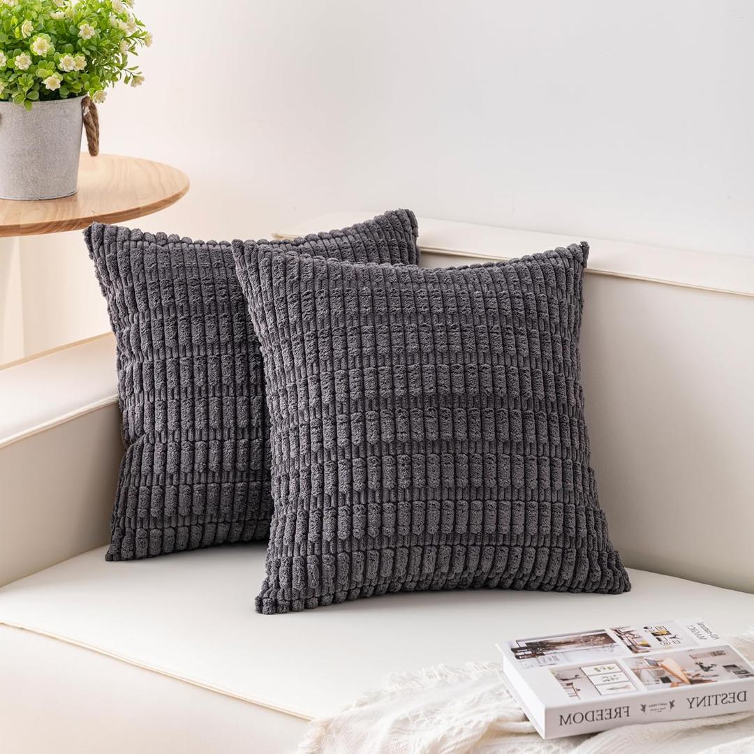 Pack of 2 Corduroy Decorative Throw Pillow Covers 18x18 InchSoft Boho Striped Pillow Covers Modern Farmhouse Home Decor for Sofa Living Room Couch BedDark Grey