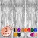 Voircoloria 3 Pack 3.3x8.2 Feet Silver Foil Fringe Backdrop Curtains, Tinsel Streamers Birthday Party Decorations, Fringe Backdrop for 2025 New Years Eve, Graduation, Baby Shower, Gender Reveal