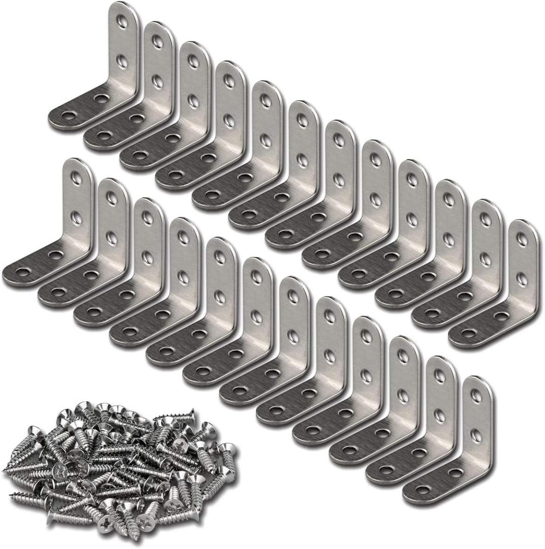 24 Pieces Stainless Steel Corner Braces (1.57 x 1.57 inch40 x 40 mm) Joint Right Angle Bracket Fastener L Shaped Corner Fastener Joints Support Bracket, 96 Pieces Screws Included