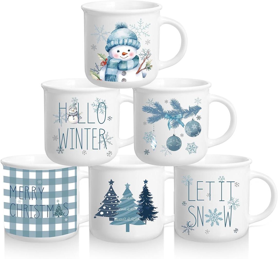 Pickmesh Christmas Coffee Mugs Set of 6-12 Oz Holiday Hot Cocoa Cups, Winter Ceramic Tea Cups for Family Gift, Festive Xmas Drinkware for Hot Chocolate & Coffee Lovers