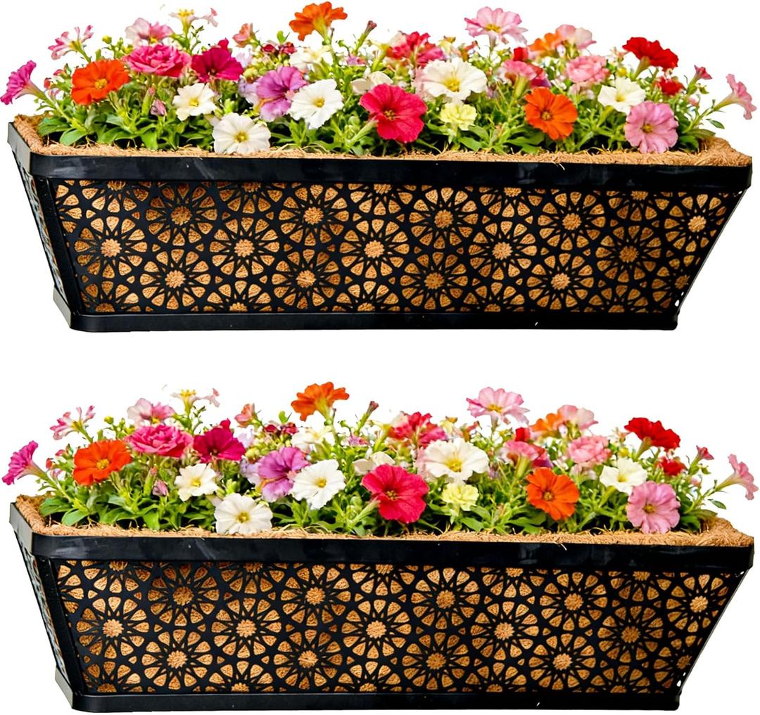 2 Pack 24 Inch Black Metal Manger Coconut Palm Flower Pots Wall Mounted Home Flower Pot Hanging Basket Flower Pot Hanging Basket for Gardening, Balcony, Garden and Patio