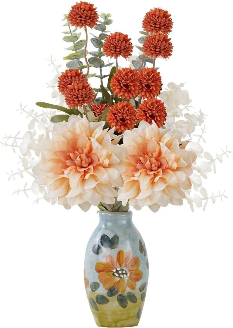 Fake Flowers with Small Hand-Painted Vase,17" Champagne Artificial Flowers Bouquet in Ceramic Vase,Silk Flower Eucalyptus Arrangements for Home Dining Living Room Office Coffee Table Decorations