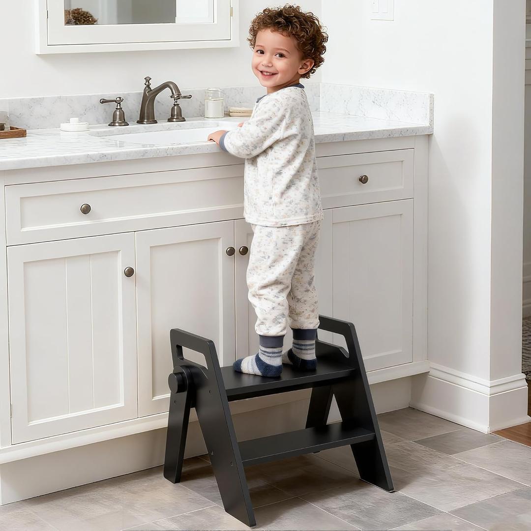 Toddler Kids Step Stool: Wooden 2 Step Stool for Bathroom Sink Kitchen, Foldable with Side Handles, 300 lbs Capacity, Non-Slip A-Frame, Black