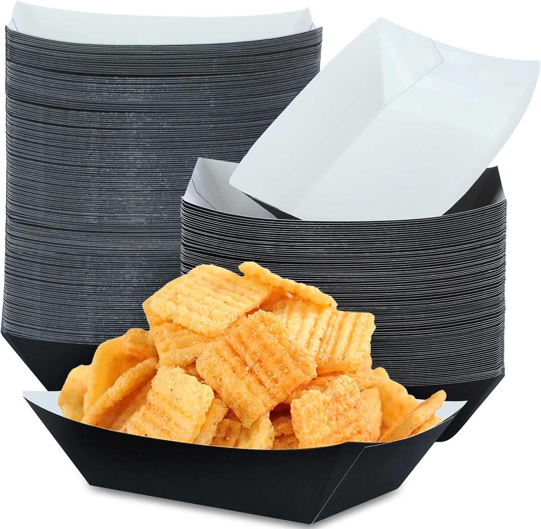 Zhehao Disposable Paper Food Tray Paper Food Boats Grease Resistant Popcorn Tray for Serving Tacos, BBQ, Festivals, Party or Concession Stands Plates, White and Black(150 Pcs,3lb)