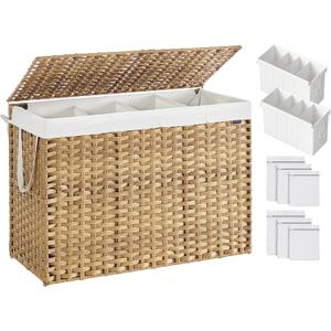 SONGMICS Laundry Hamper with Lid, 200 L Clothes Hamper with 2 Removable Liner Bags, 6 Mesh Bags, Wicker Laundry Basket, Double Laundry Hamper for Bathroom, 15.7 x 33.9 x 24 Inches, Natural ULCB452Y01