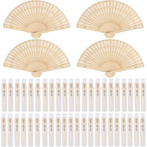 MCEAST 48 Pack Sandalwood Folding Fans Bulk, 7.9 Inches Wooden Handheld Fans with Organza Bags, Wedding Fans for Bridal Shower, Baby Shower, Party Favors, Events & Gifts