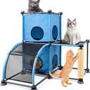 Large Cat Hamock Bed with Scratching Post Multi-Level Cat Tree with House Condos & Ladder for Indoor/Outdoor Use+Blue/Two-Tier