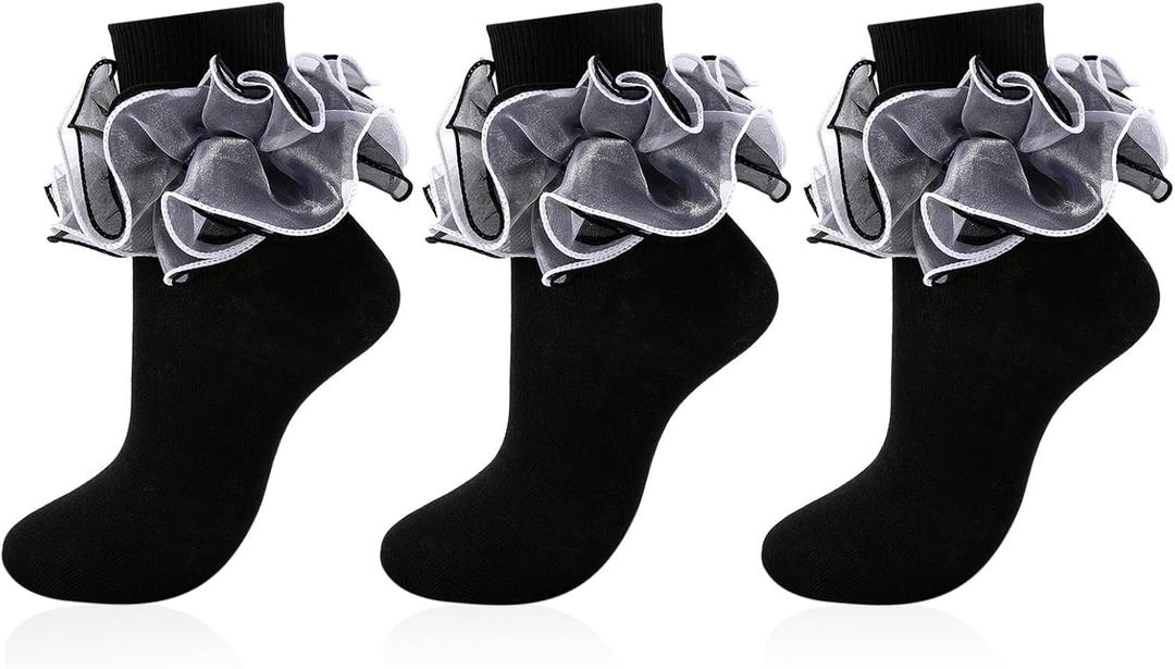 Women Big Ruffle Socks Adult 4-Layer Lace Frilly Ankle Socks Fold Cuff Cotton Ruffled Dress Crew Bobby Fancy Sock (Black, M)