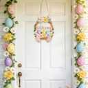 ONEHAUS Easter Decorations Wooden Wreath for Front Door Sign, Happy Easter Cute Bunny Porch Decor Welcome Hanging Sign for Outdoor, Wall Hanging Rabbit Wreath for Party Home Indoor