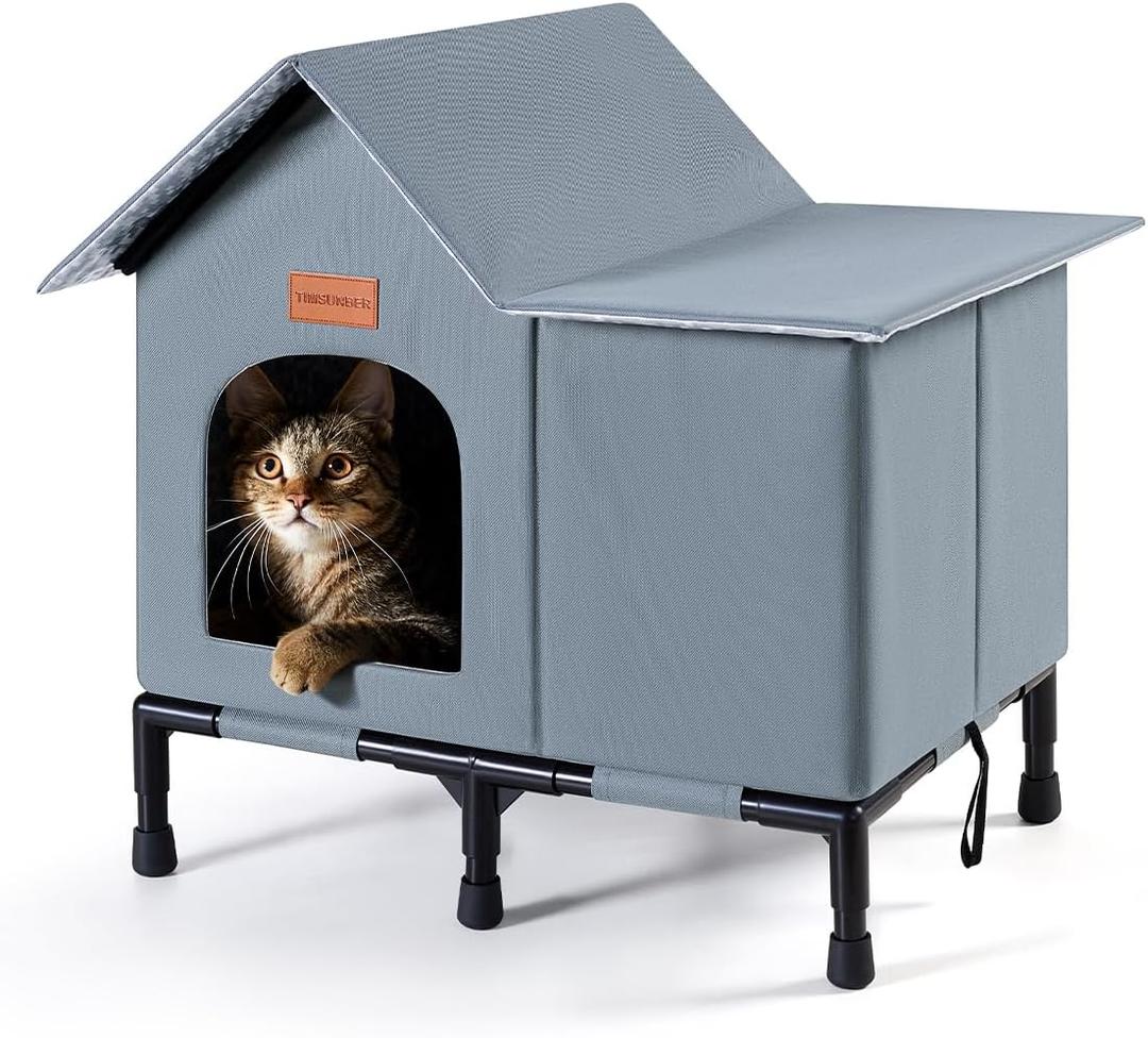 Insulated Cat Shelter Weatherproof Outdoor Cat House with Self-Warming Insulation Raised Bottom and Waterproof Roof for All-Season Protection (Grey, Large)