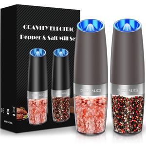 Sweet Alice Gravity Electric Pepper and Salt Grinder Set, Adjustable Coarseness, Battery Powered with LED Light, One Hand Automatic Operation, Brown, 2 Pack (2.5*2.5*7.9inch)