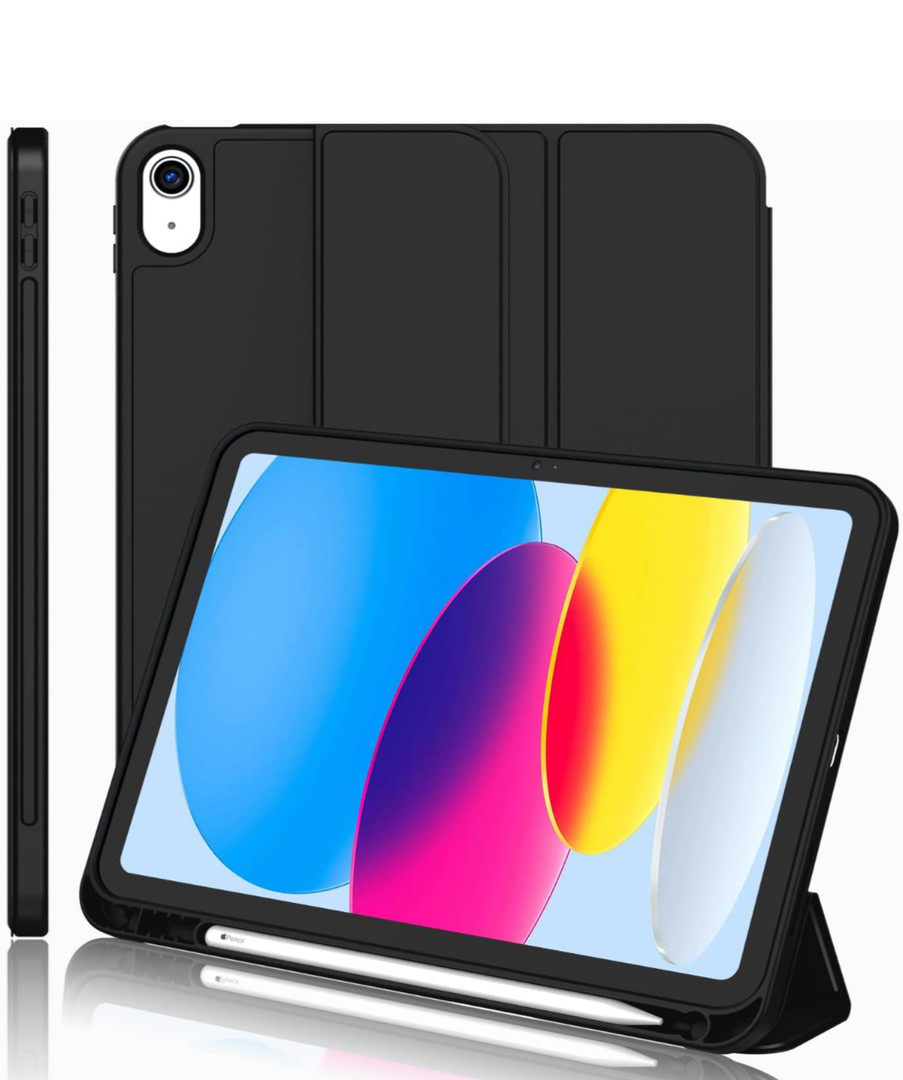 iPad (A16) Case/iPad 10th Generation Case [11-Inch 2025/10.9 Inch 2022] with Pencil Holder, Trifold Stand Smart Cover with Soft TPU Back,Auto Wake/Sleep(Black)