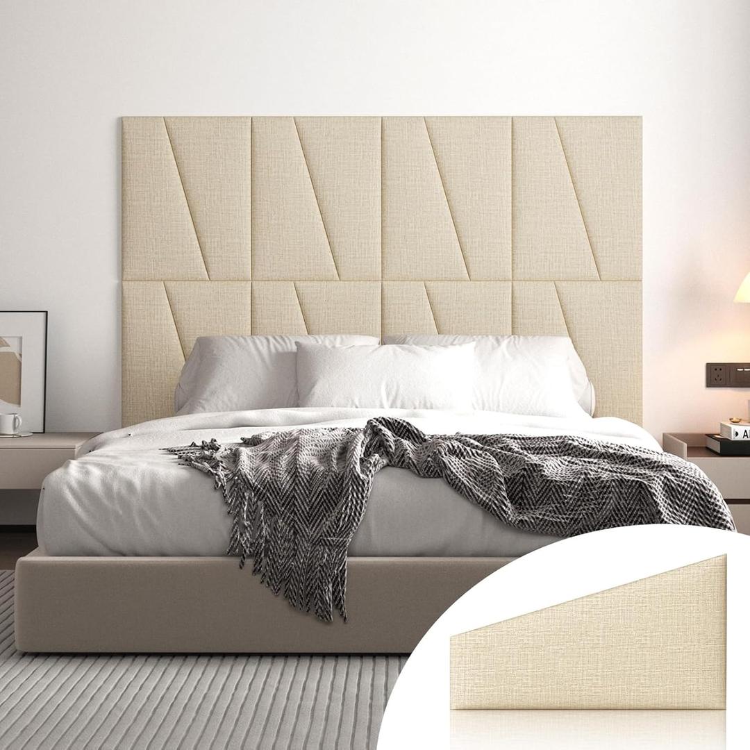Peel and Stick Headboard for Queen Bed Linen Fabric Upholstered Wall Mounted Headboard - Wall Padding Panel in Beige for Bedroom/Living Room/Dorm (6 Panels)
