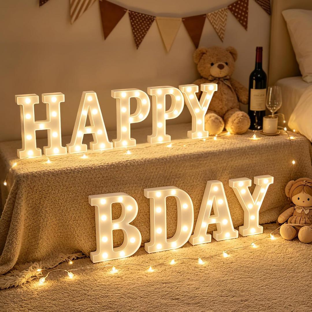 Happy Birthday Marquee Light Up Letters, Warm White LED Marquee Letters Lights for Birthday Home Table Decor, LED Letter Lights Sign for HB Anniversary Party Decoration, Battery Operated
