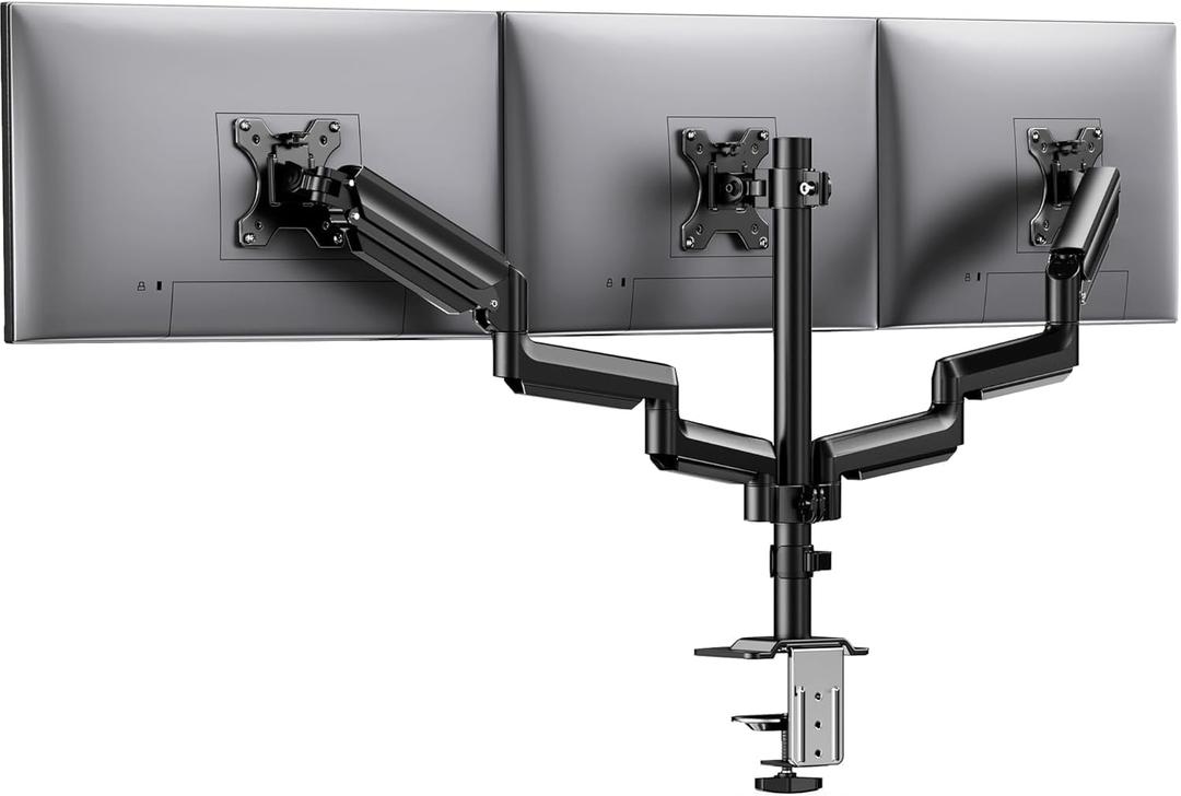 HUANUO Triple Monitor Mount for 13-27 inch Computer Screens, Gaming 3 Monitor Desk Mount with Arm Holds 19.8lbs, Triple Monitors Stand with Tilt, Swivel, Rotation, VESA 75x75, 100x100mm