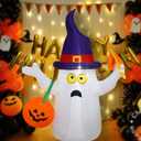 Halloween Inflatable Ghost Holds Pumpkin Jack-o'-Lantern Wear Witch Hat Lighted Interior Outdoor Blow-up Halloween Holiday Garden Yard Lawn Garden Decoration with Built-in Fan and Anchor Ropes