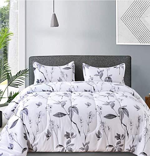Nanko King Comforter Set 3pc,White and Gray/Grey Floral Reversible Down Alternative Microfiber Bedding - All Season Comforter and 2 Pillowshams Bed Sets for Women, 104 x 90 Size Flower