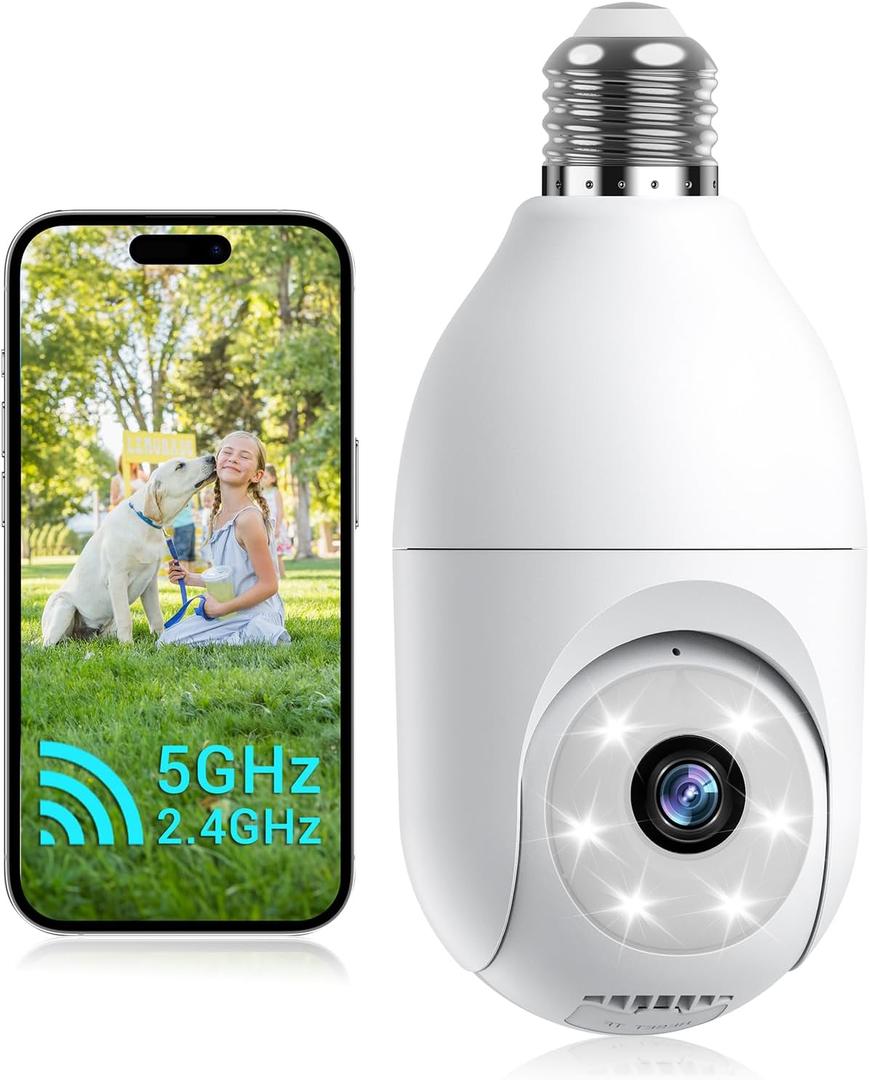 Light Bulb Security Camera Wireless Outdoor Indoor, 5G&2.4G WiFi Security Cameras with Patrol Function, AI Human Detection, Motion Tracking, Two-Way Talk, Color Night Vision, Alarm, 24/7 Recording