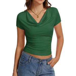 Women's Cowl Neck Tops Short Sleeve Slim Fit Ruched T-Shirts Summer Casual Dressy Business Blouses Going Out Top Green (Green, M)