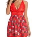 Avidlove Women Lingerie Lace Babydoll Strap Chemise Halter Teddy V Neck Mesh Nightgown Christmas Print XS (Red, XS)