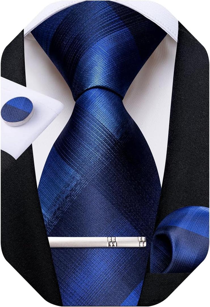 DiBanGu Silk Ties for Men Formal Plaid Check Necktie and Pocket Square Cufflinks Tie Clip Set Wedding Necktie with Gift Box