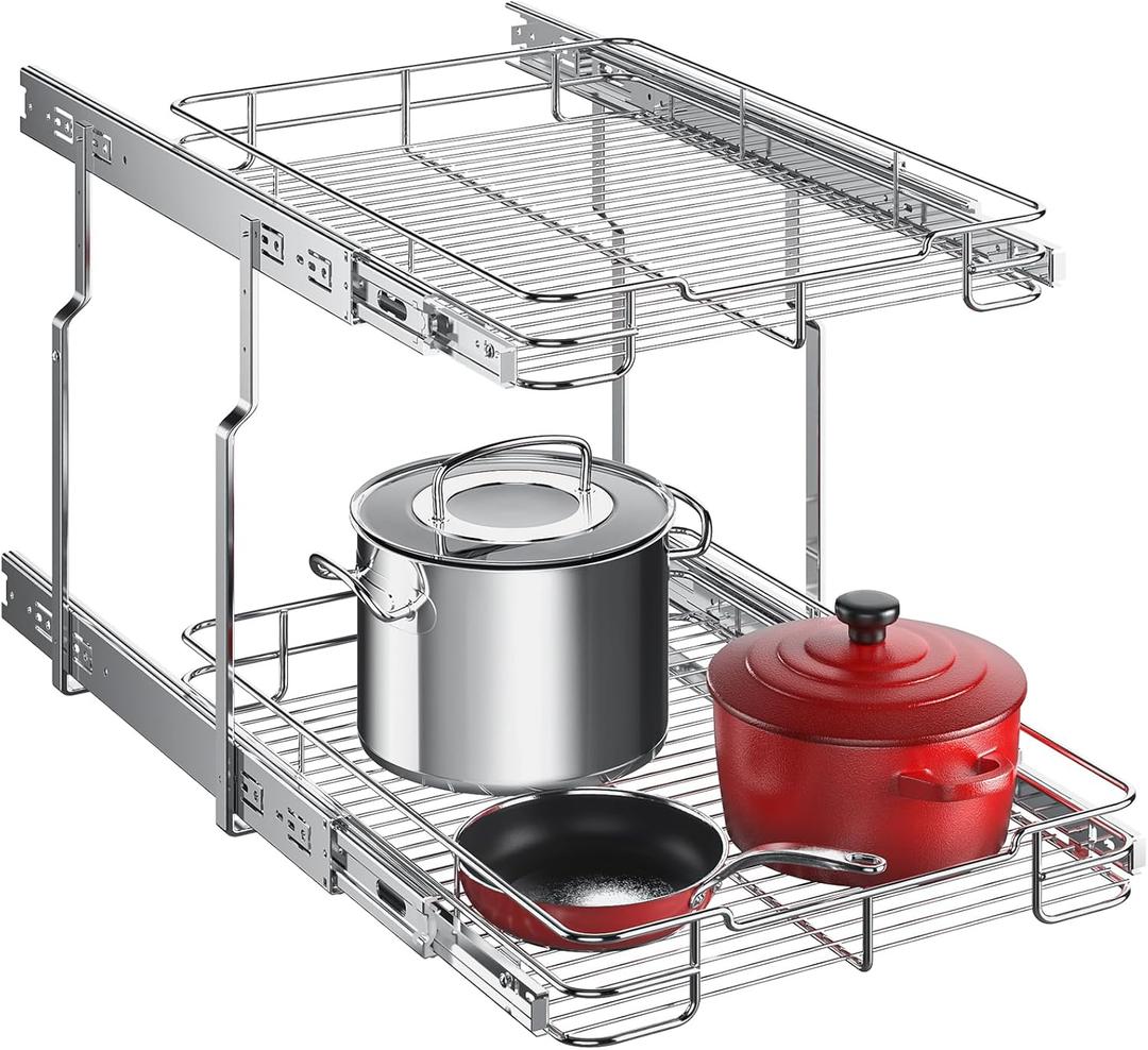 Delamu 14" W X 21" D Pull Out Cabinet Organizer, 2 Tier Heavy Duty Cabinet Shelf Organizers, Cabinet Slide Out Shelves for Kitchen, Pantry and Bathroom, Silver