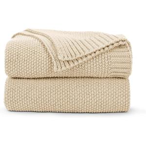 CozeCube Beige Throw Blanket for Couch, Soft Cozy Cable Knit Throw for Bed Sofa Living Room, Lightweight Warm Decorative Farmhouse Christmas Blanket, 50"x60", Light Beige