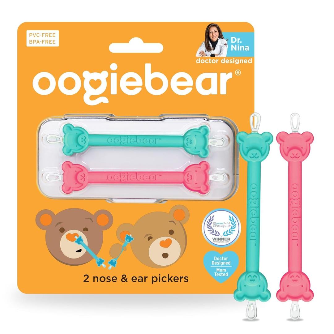 oogiebear: Baby Nose Cleaner & Ear Wax Removal Tool - Safe Booger & Earwax Removal for Newborns, Infants, Toddlers - Dual-Ended - Essential Baby Stuff, Diaper Bag, Raspberry & Seafoam with case (2 Pack)