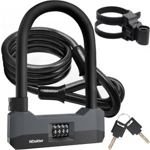 NDakter Bike Locks Heavy Duty Anti Theft18mm Bicycle Combo U Lock with 5FT Cable, 4-Digit Resettable Combination Electric Scooter Lock with 2Keys and Bracket for Tricycle, Moped, Motorcycle(Gray)