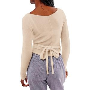 Women Wool Tie Front Tops Crop Top Solid Long Sleeve Solid V Neck Lightweight Crochet Cardigan Crop, Medium 
