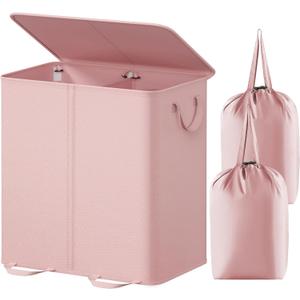 Lifewit Double Laundry Hamper with Lid and Removable Laundry Bags, Large Collapsible 2 Dividers Dirty Clothes Basket with Handles for Bedroom, Laundry Room, Closet, Bathroom, College, 136L Pink