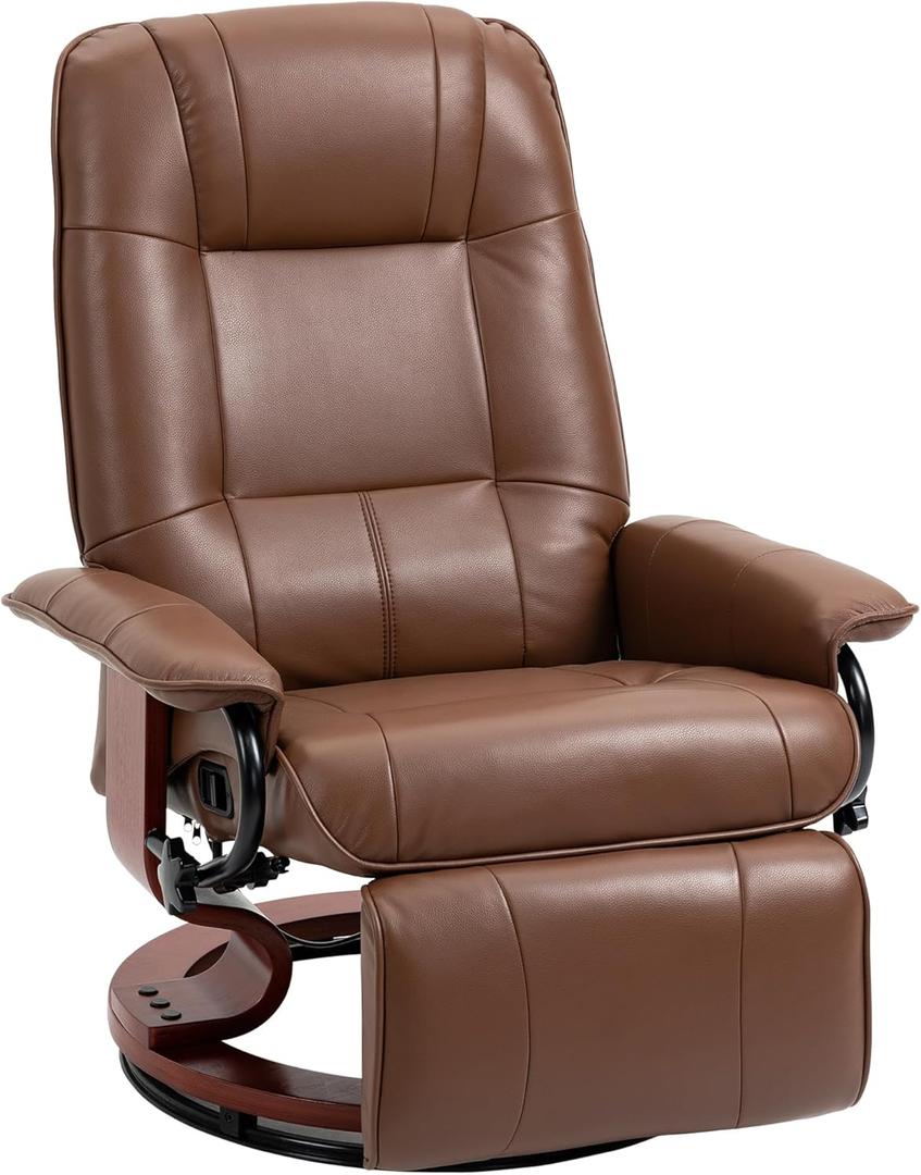 HOMCOM Swivel Recliner Chair, PU Leather Reclining Armchair with Retractable Footrest, Lounge Chair with Wood Base and Adjustable High Back for Small Spaces, Living Room, RV, Bedroom, Brown