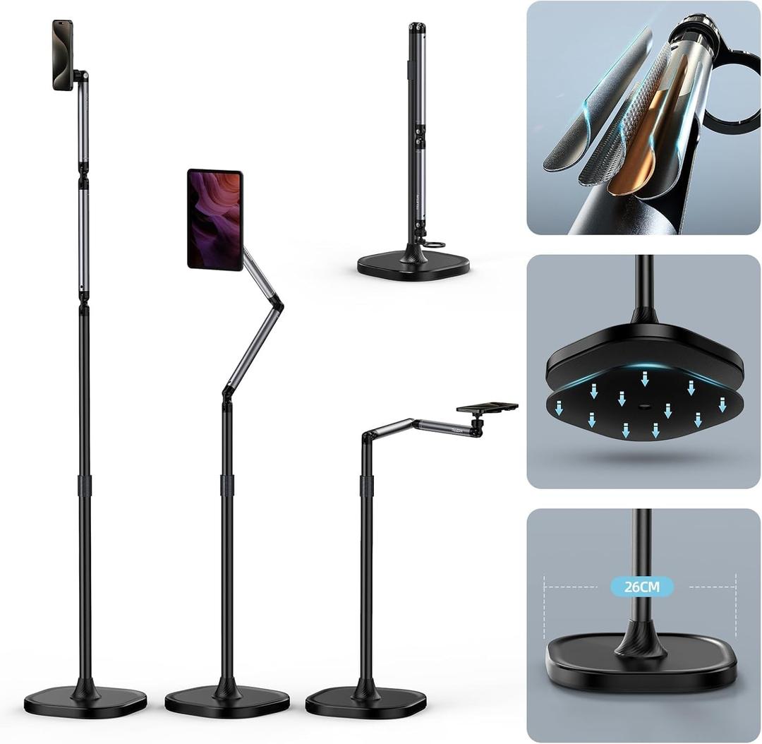 TELESIN Magnetic Phone Tablet Floor Stand, Aluminum Alloy Phone Holder Stand for Video Recording, Overhead Bed/Sofa Phone Mount Height Adjustable Ultra Stable Base for Magsafe/iPhone/Android/iPad