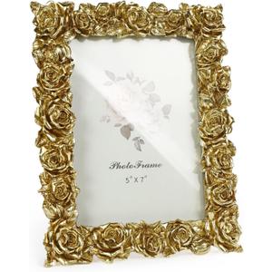 Cuspin 5x7 Picture Frame Vintage Gold Frames, Gold Ornate Rose Flower Resin Photo Frame with Glass Front for Wall Hanging or Tabletop Display, Elegant Home Decor