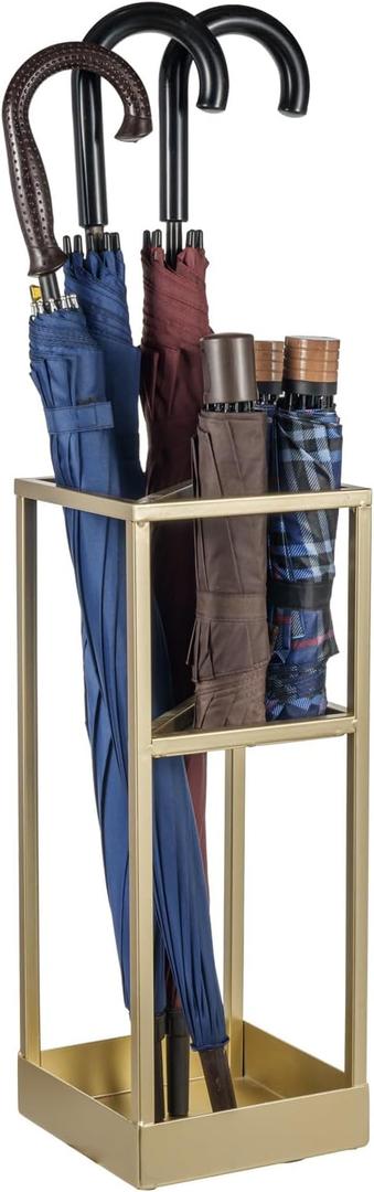 Umbrella Stand,Umbrella Holder for Entryway,20 Inch Tall Modern Brass Tone Metal Geometric Freestanding Entryway Umbrella Rack or Cane Holder with Shelf for Small Umbrellas and Bottom Drip Tray, 7.8