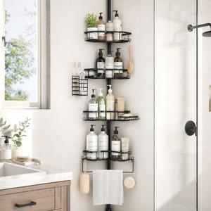 DTUQYX Shower Caddy Corner Tension Pole - Adjustable 43.5-120 Inch Rod Bathroom Organizer Storage Shelf, No-Drill Rustproof 4-Tier Shower Corner Shelves with Towel Rack, Toothbrush Holder & Soap Dish