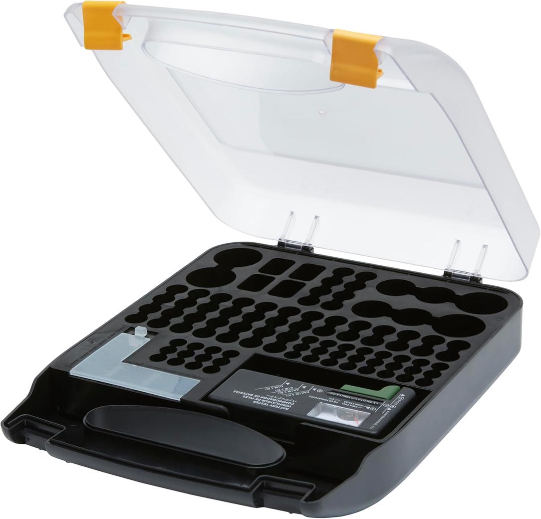 Amazon Basics Battery Organizer with Tester, Wall-Mounted Design, Handle Holds 110 Batteries,9.37 x 11.69 x 2.91 inches Clear/Black