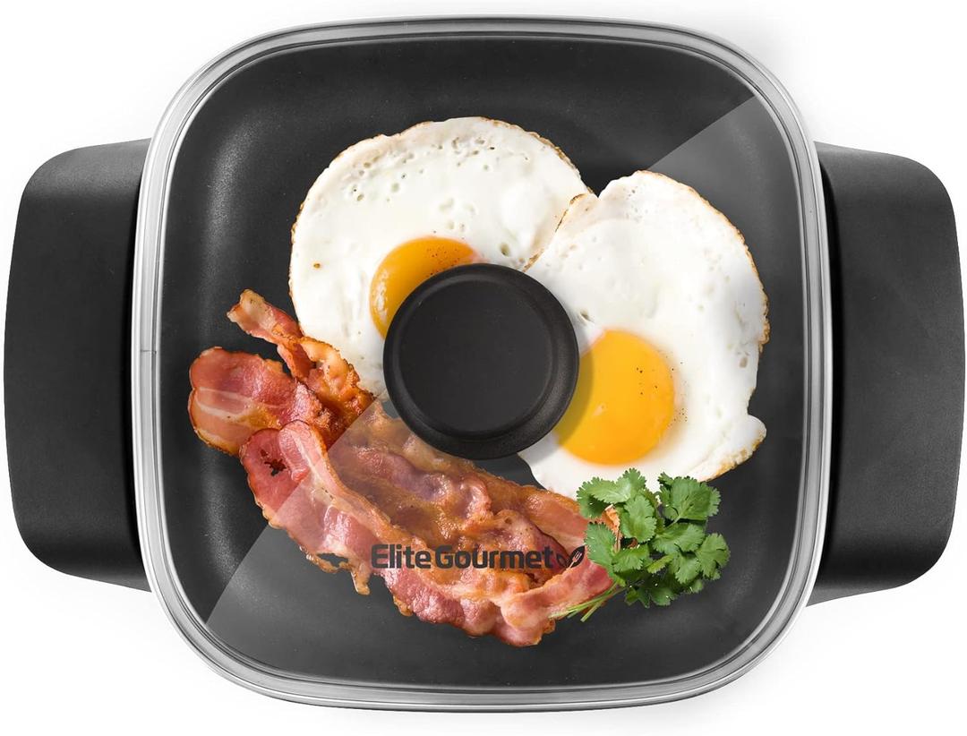 Elite Gourmet EG808 8 x 8" Non-stick Electric Skillet, Dishwasher Safe with Tempered Glass Vented Lid, Rapid Heat Up, 600W, Black (2.5 Quart)