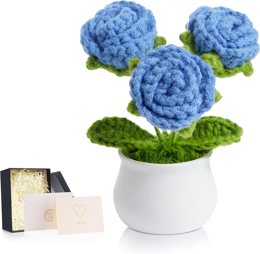 LAIDANLA Crochet Flowers Blue Roses Mini Potted, Handmade Blue Rose Anniversary Appreciation Birthday Gifts for Women Friend Teacher Coworker Mom Sister Knitted Flower for Desk Car