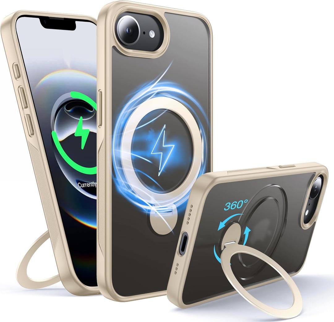 360Rotatable Magnetic Ring for iPhone 16e Case Compatible with MagSafe [Non-slip Texture Edge] [Built-in Kickstand] [Military Shockproof]Translucent Matte Soft Silicone Bumper,Desert Titanium