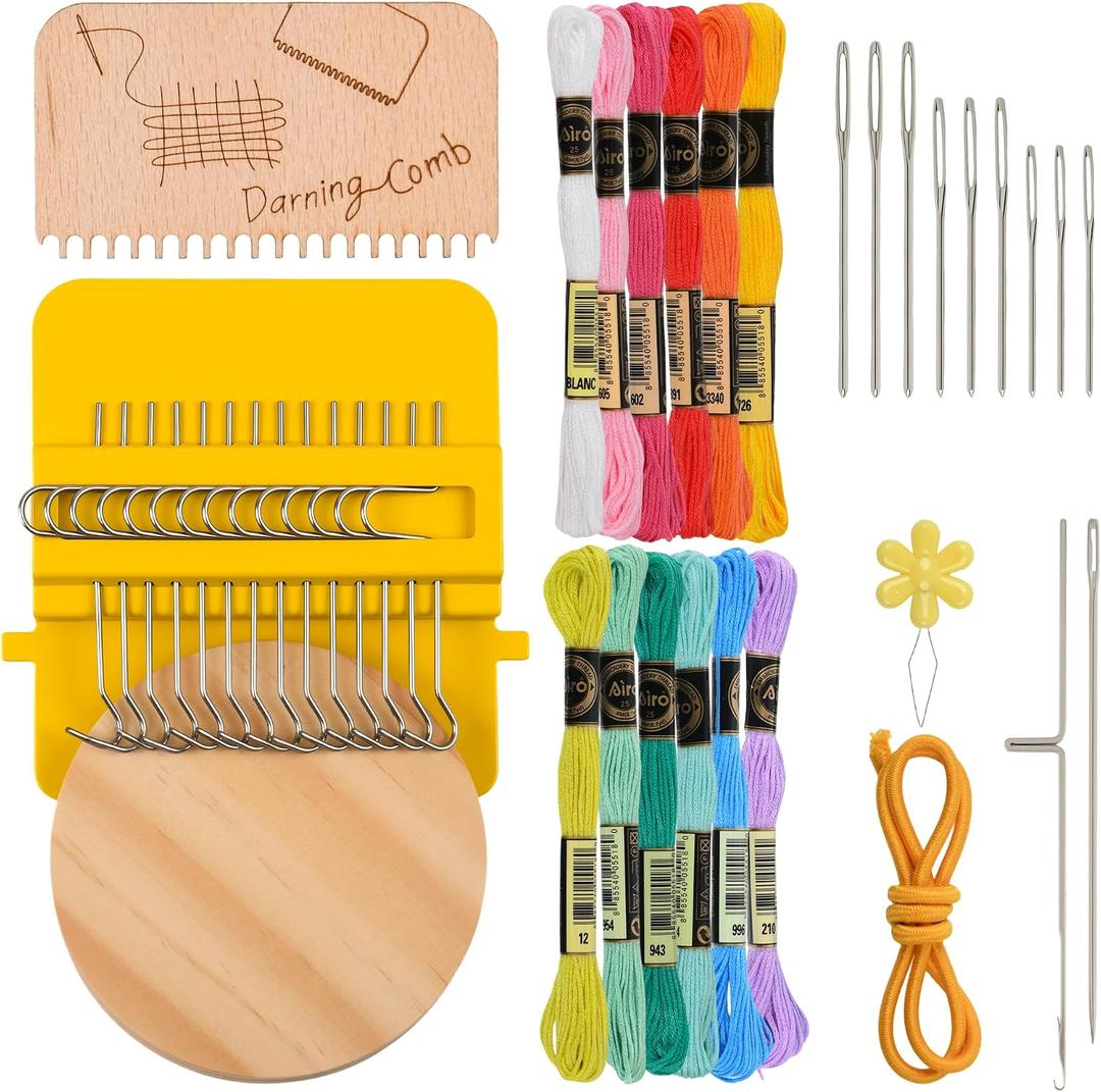 Mini Darning Loom Kit, Mushroom Knit Patch Kit, PatchMaker Mending Tool with 12 Colors Yarn, 11 Hooks, Weaving Loom for Socks, Jeans & Sweaters, Clothes Repair, Fixing Kit for Beginners（Yellow Set）