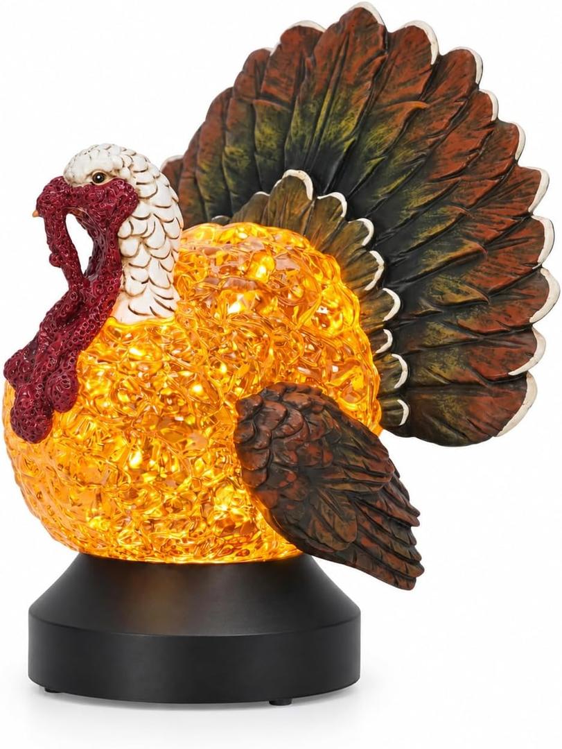 Thanksgiving Turkey Snow Globe Lantern, Lighted Fall Tabletop Decoration with Swirling Glitter, Battery & USB Powered Resin Turkey Decor with Timer for Home, Mantel and Harvest Table