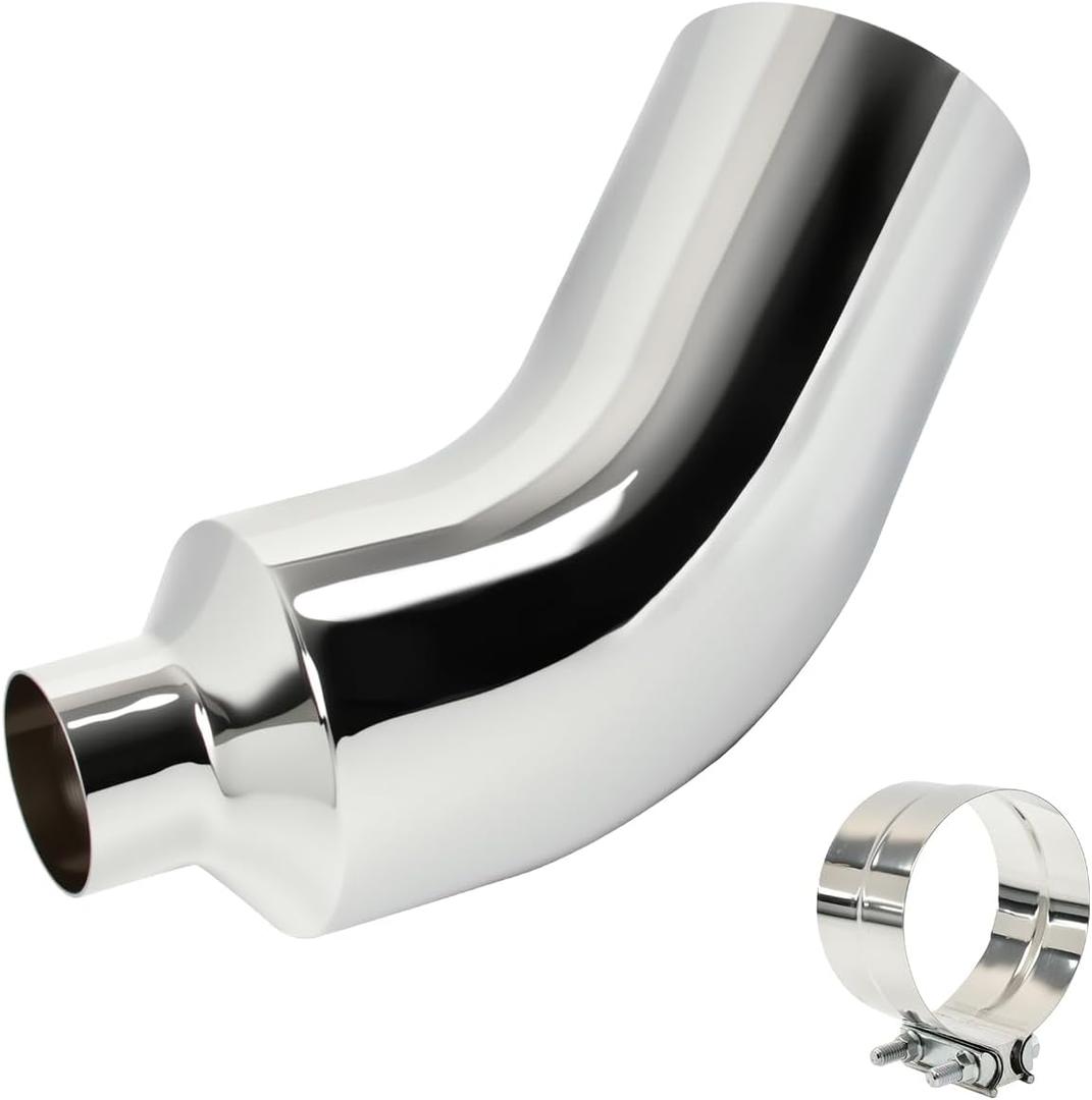 Chrome Plated 4'' Inlet 8'' Outlet Diesel Exhaust Elbow Tip with Clamp, 4 Inch Side Exit Exhaust Tip, 23'' Length Turndown Exhaust Pipe For Trucks,Pickups and Cars